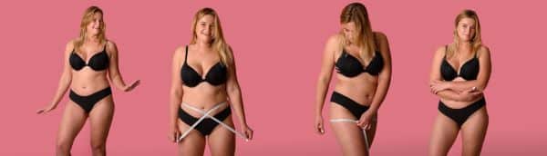 Mulher jovem medindo cintura e coxas, apresentando gordura localizada em alguns pontos do corpo. 