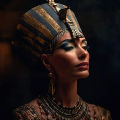 Linda mulher egípcia usando joias douradas e roupas luxuosas. Destaque para a maquiagem marcante, especialmente dos olhos e dos lábios.
