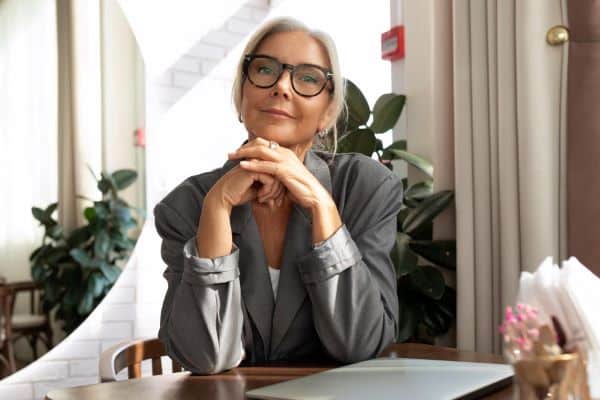 Mulher madura confiante e bem cuidada, com cabelos grisalhos e óculos, vestida com uma jaqueta cinza, sentada em uma escrivaninha em um ambiente de négócios.