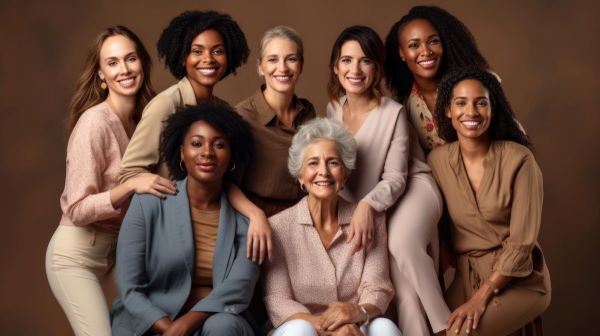 Mulheres distintas reunidas em grupo: diferentes idades e raças.