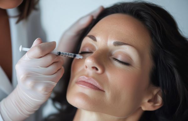 Close de uma mulher madura , com olhos fechados, que está fazendo o tratamento facial microbotox na região inferior do olho direito.  
Mãos com luvas brancas seguram a seringa na área que será tratada.