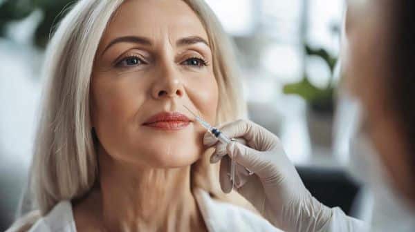 Linda mulher madura, com cabelos longos e grisalhos, está recebendo a aplicação de microbotox através de uma seringa fina.