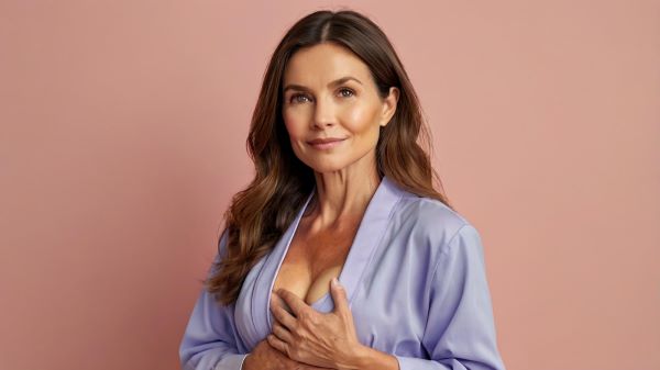 Mulher de meia idade, com cabelo longos e escuros, toca os seios discretamente cobertos por um robe azul claro,