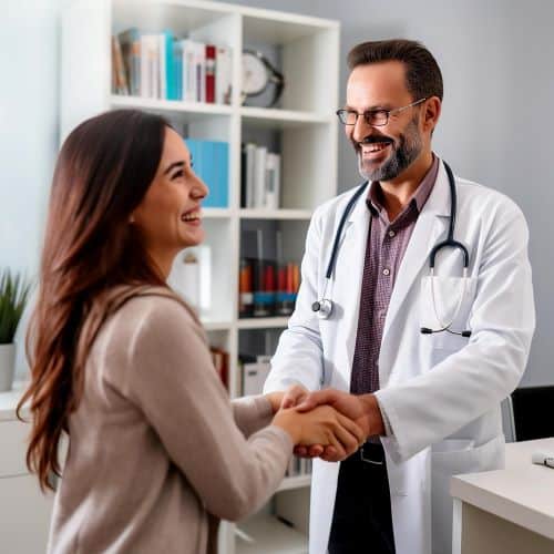 Cirurgião plástico e paciente sorriem enquanto seguram as mãos durante uma consulta de revisão pós-procedimento cirúrgico.